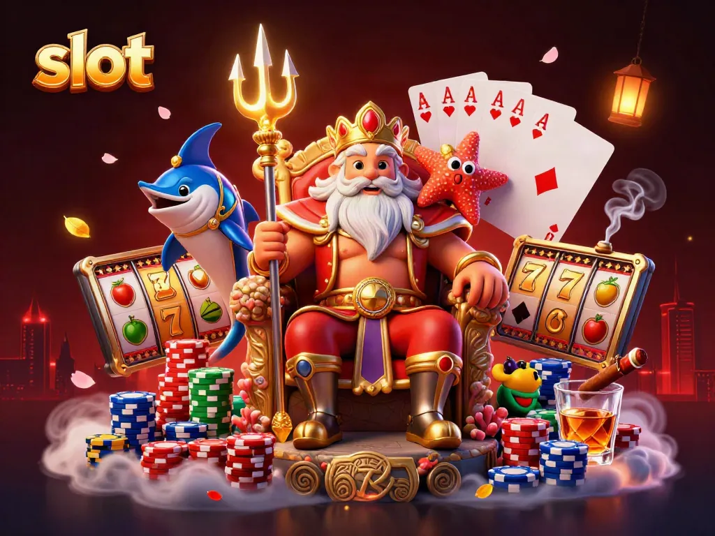 Slot mengundang keberuntungan dengan karakter raja laut dan elemen kasino dalam ilustrasi 3D yang menarik.