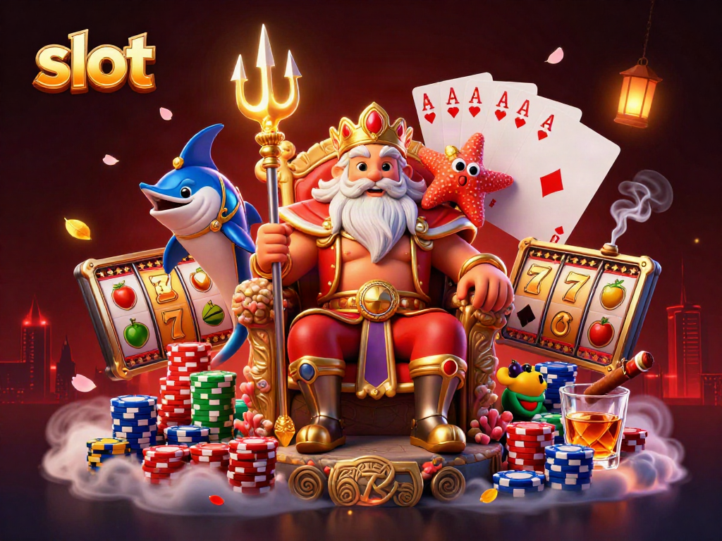 Slot mengundang keberuntungan dengan karakter raja laut dan elemen kasino dalam ilustrasi 3D yang menarik.