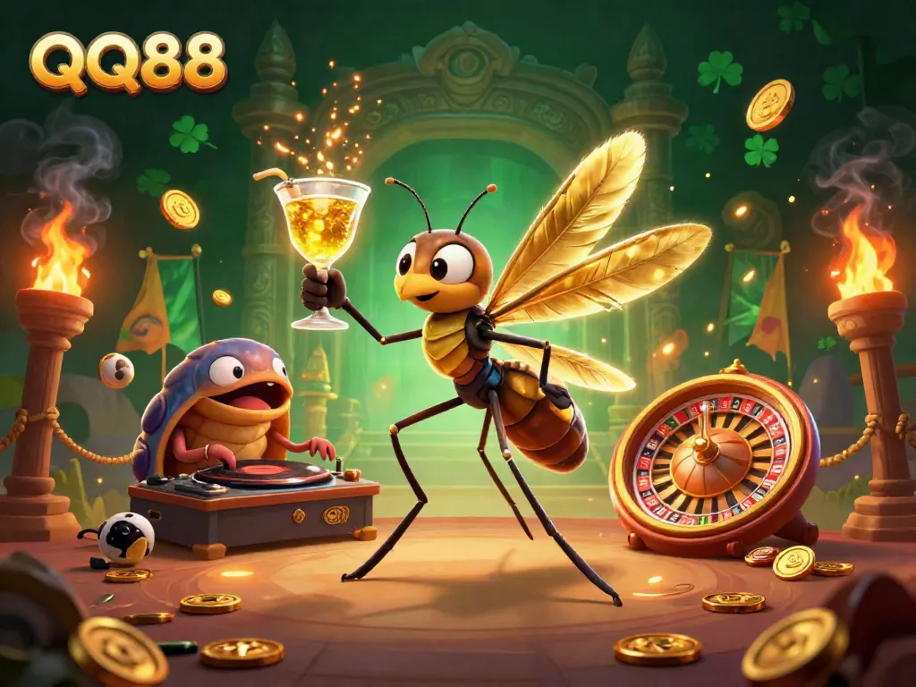 Experience the thrill of QQ88 with dynamic gaming elements, a lively casino mascot theme, and engaging visuals.