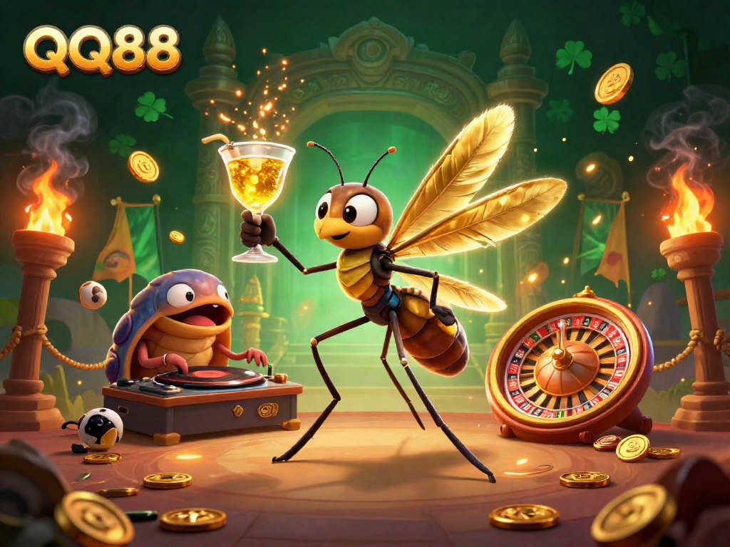 Experience the thrill of QQ88 with dynamic gaming elements, a lively casino mascot theme, and engaging visuals.