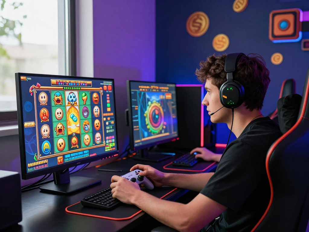 Engaging gaming scene featuring a player immersed in slot games at https://www.benmillerband.com/ with colorful visuals and gaming accessories.