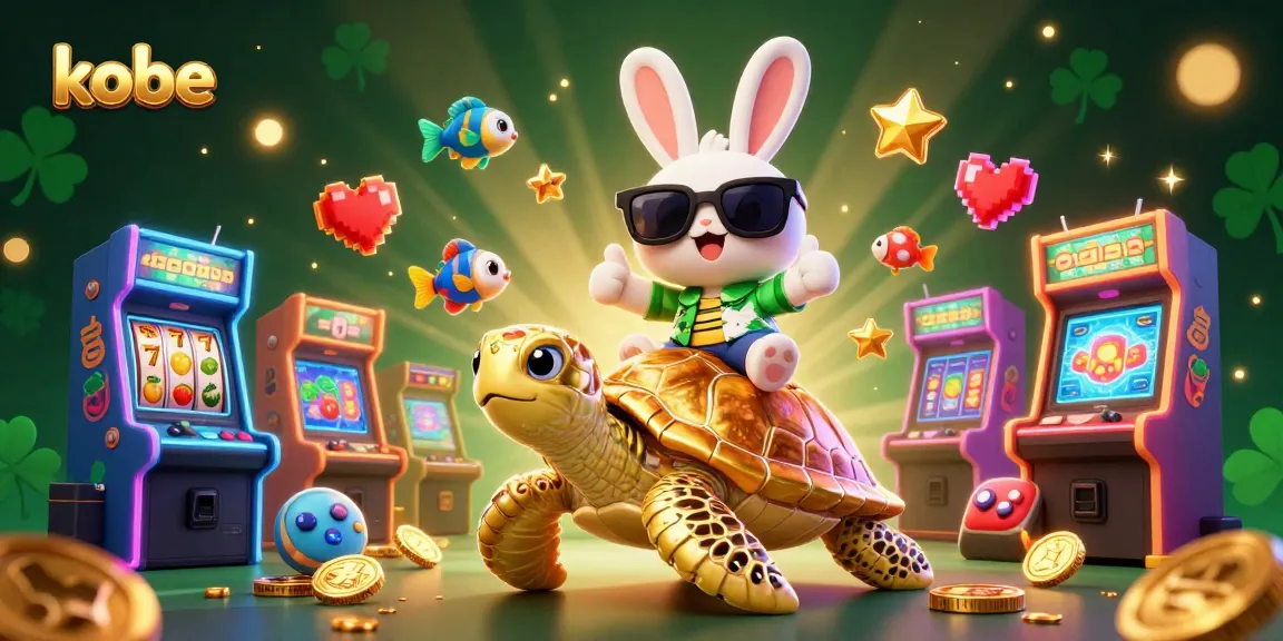 Engage in thrilling slot action with the lucky rabbit and golden sea turtle in this vibrant kobe casino illustration.