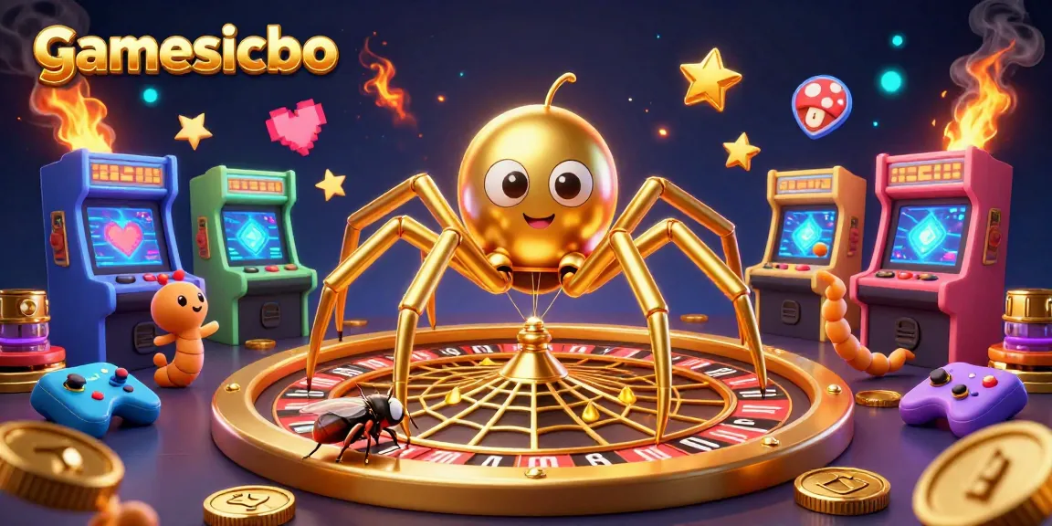 Experience thrilling gamesicbo action with a spider-themed roulette web and colorful game elements in a vibrant casino scene.