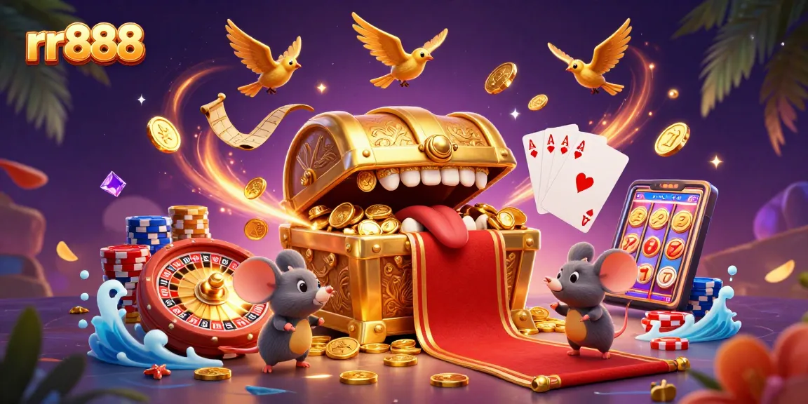 Experience wealth at rr888 with golden treasures, coins, and dynamic casino elements swirling.