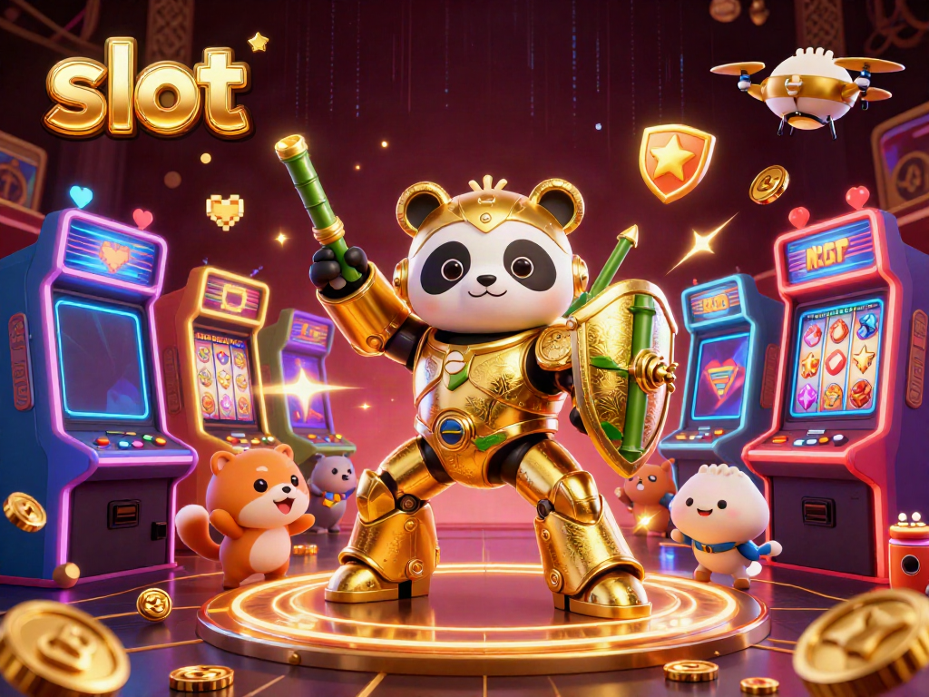 Mainkan slot dengan mesin slot yang meriah dan panda emas di arena permainan