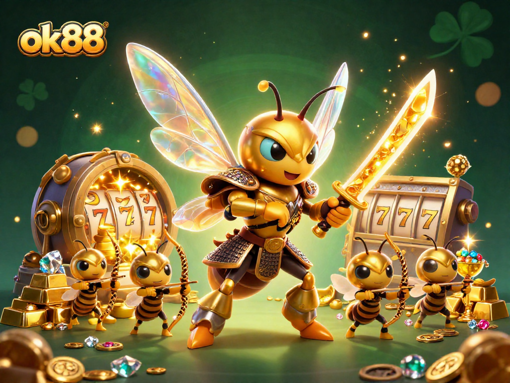 Experience exhilarating wins with ok88 in a vibrant 3D illustration of a giant hornet samurai amidst cascading treasures and gaming excitement.