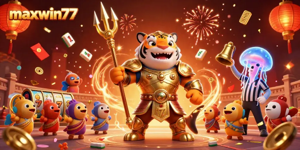 Experience the thrilling underwater casino adventure with maxwin77 amidst colorful slot game elements.