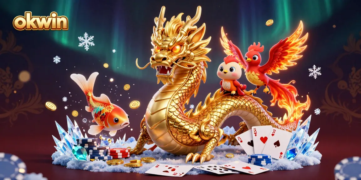 Experience thrilling action with okwin in this vibrant casino scene featuring a mythical dragon, phoenix, and koi fish.