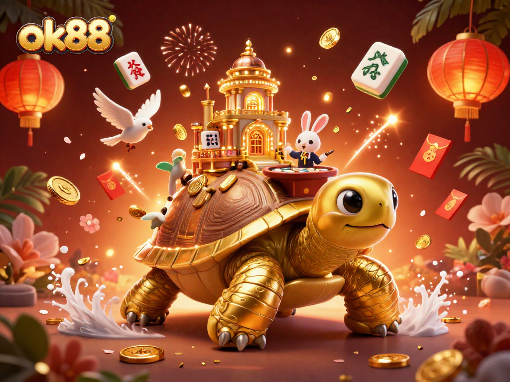 Play exciting games at ok88 with a vibrant 3D casino illustration showcasing a golden tortoise, rabbit dealer, and golden coin action.
