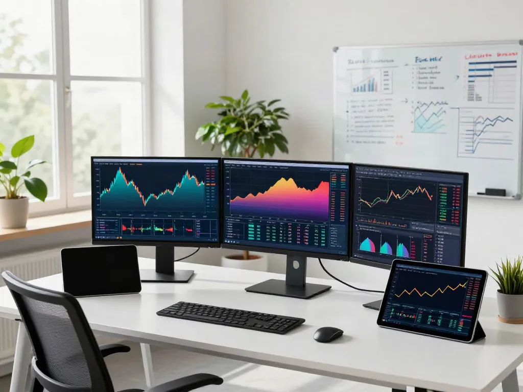 Trader using TradingView on multiple screens in a modern workspace.