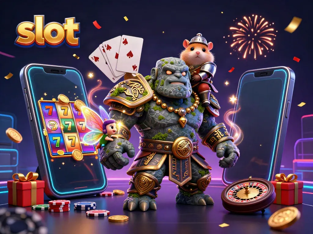 Menangkap momen slot seru dengan golem, peri, dan ksatria hamster, serta permainan slot menarik di sekitarnya.