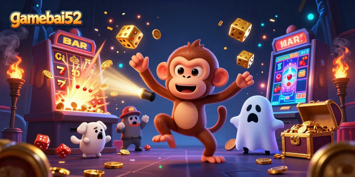 gamebai52 features a playful ghost monkey juggling casino chips in an exciting haunted casino scene.