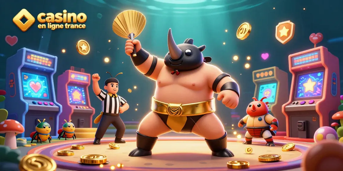 Une scène ludique de casino en ligne France avec un rhinocéros sumo et des pièces d'or.