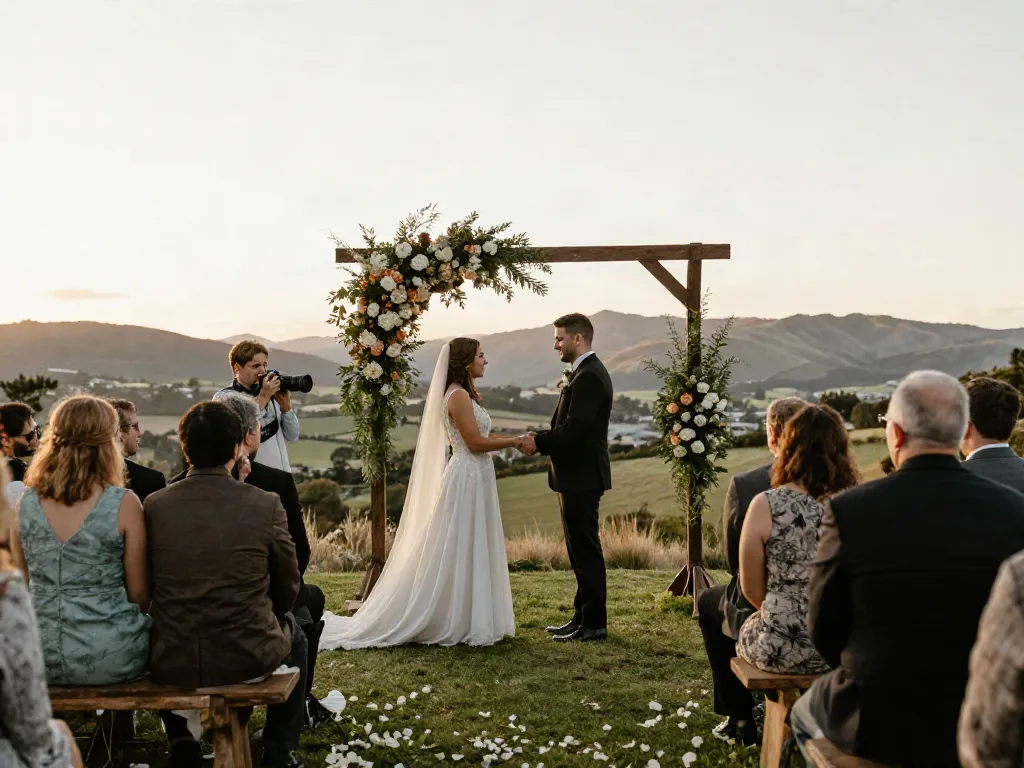 Dunedin wedding photographer capturing couple's intimate vow exchange during sunset.