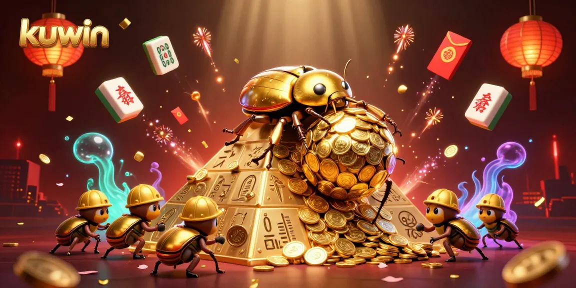 kuwin showcases a vibrant scene with a golden dung beetle and rich casino elements promoting gameplay excitement