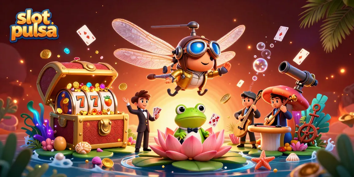 Permainan slot pulsa menarik dengan gulungan slot, koin emas, dan simbol buah yang memikat