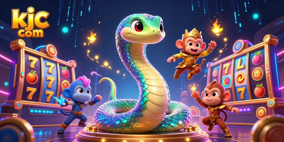 Experience thrilling slots action at kjc com with this vibrant cartoon scene showcasing a playful monkey king amidst colorful casino elements.