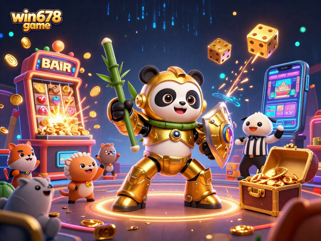 Experience the thrill of win678 game with vibrant casino activities, golden panda, and slot machines.