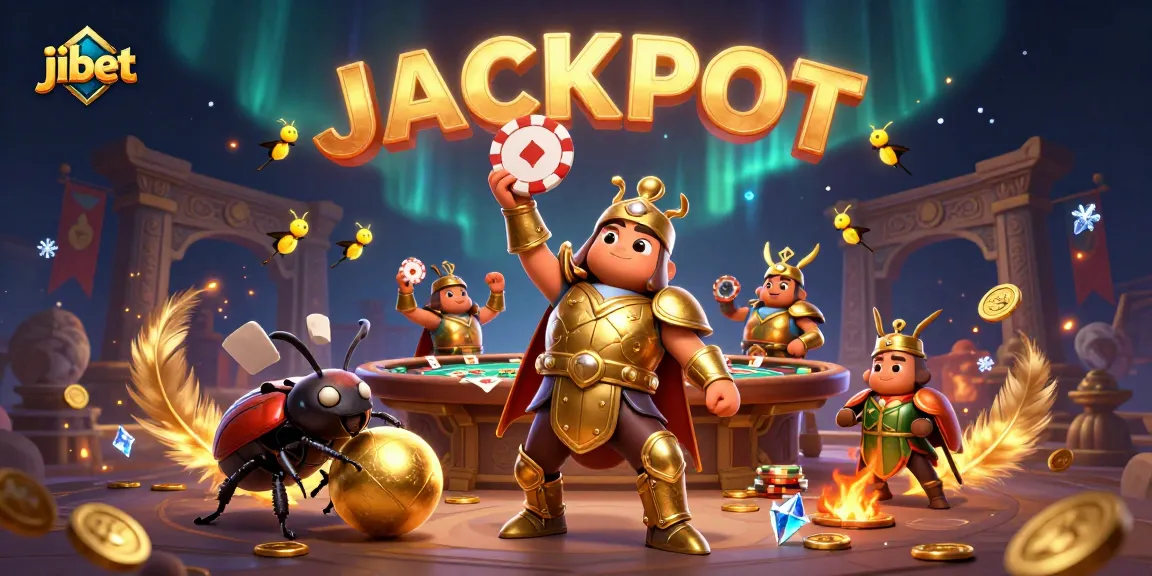 Experience the thrill of jibet with a victorious beetle character lifting a poker chip, surrounded by an exciting casino atmosphere.