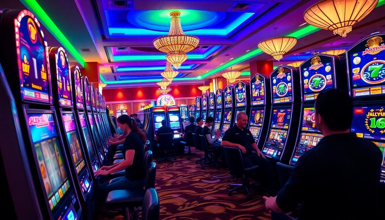 Engaged players try their luck in slot gambling with colorful machines in a lively casino environment.