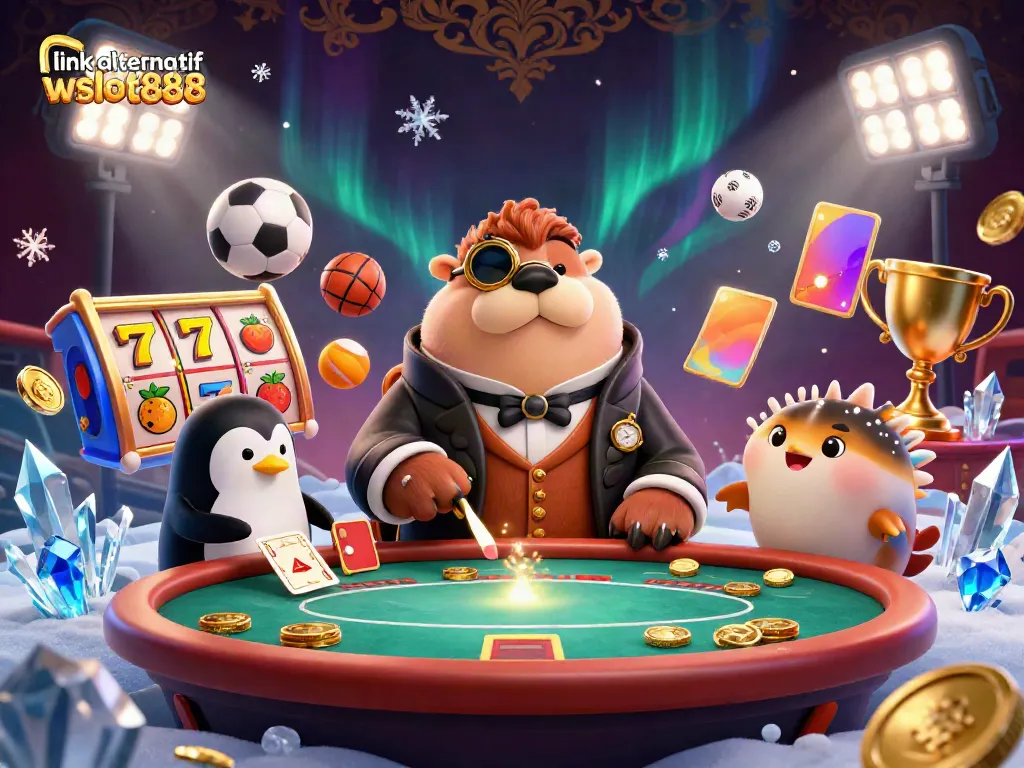 Menikmati permainan slot di link alternatif wslot888 dengan karakter kartun lucu di meja poker.