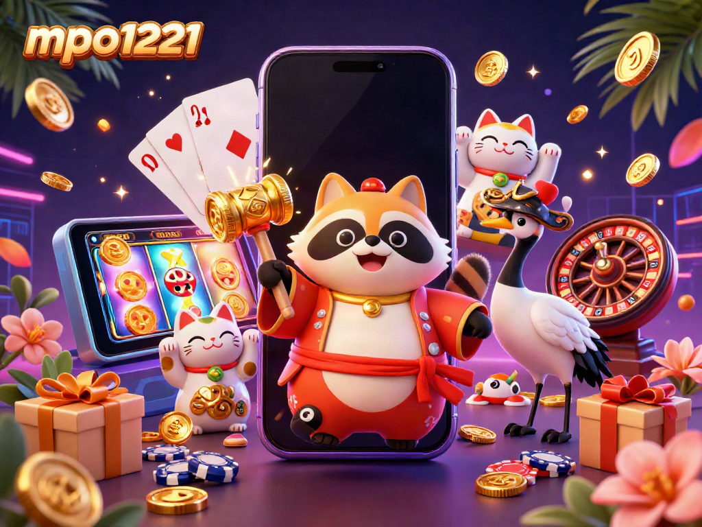 Engage with mpo1221, a lively 3D scene of lucky tanuki and maneki-neko celebrating vibrant casino gameplay.