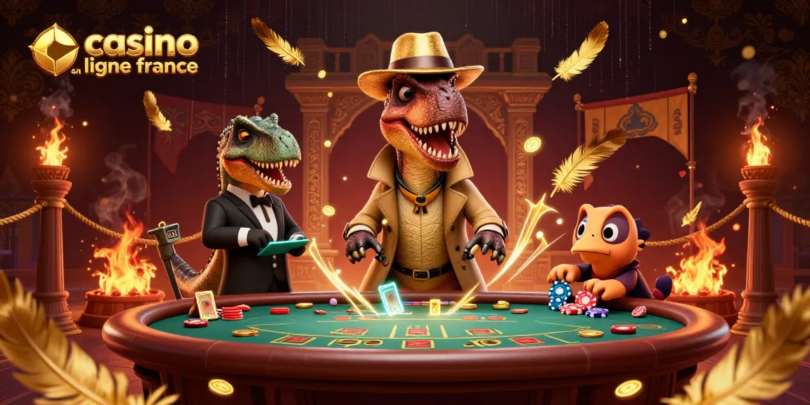Illustration dynamique de casino en ligne France avec un velociraptor au blackjack.