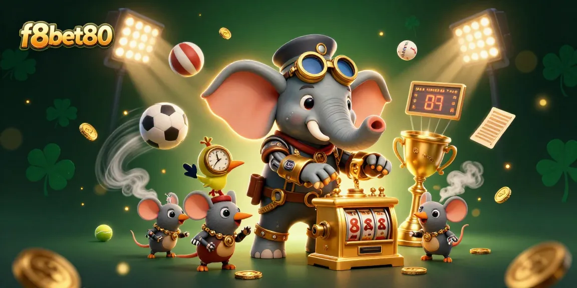 Engage with f8bet80's vibrant casino atmosphere through dynamic gameplay scenes featuring an elephant engineer and an array of gaming elements.