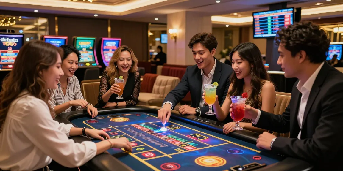 Suasana kasino yang dinamis dengan "delapan toto" di layar sentuh digital.
