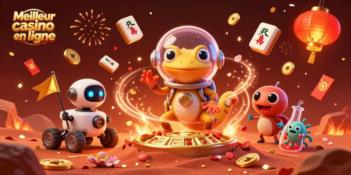 Engage with the Meilleur casino en ligne as a Martian gecko uncovers a golden casino on Mars, filled with festive gambling elements.