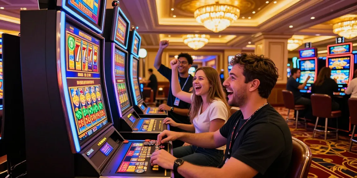 Players celebrating wins at a vibrant 777 slot machine in a lively casino.