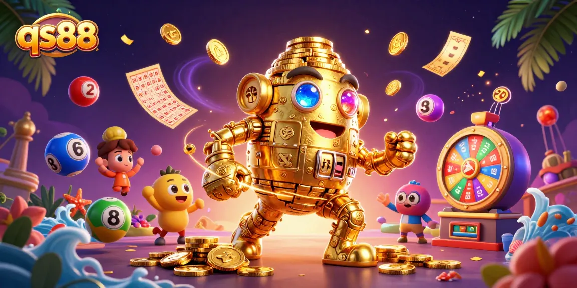 Spin and win with qs88's vibrant gambling scene featuring a golden golem and dynamic lottery elements.
