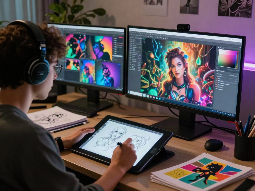Creating AI porn in a cozy digital art studio with vibrant visuals