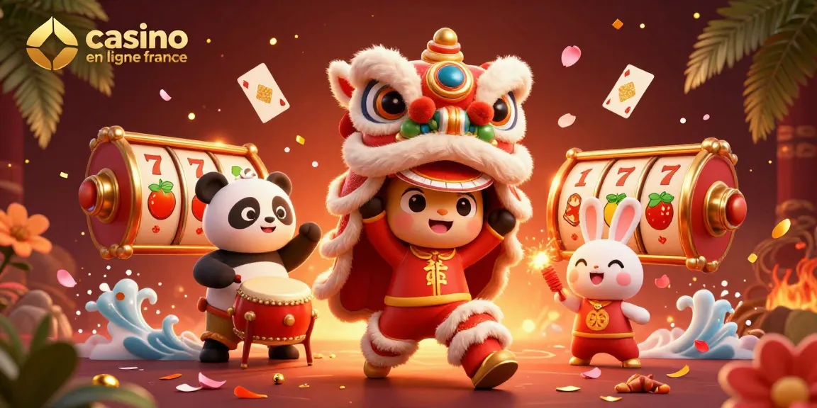 Un événement envoûtant à casino en ligne france avec un lion dansant et des éléments de jeu colorés.