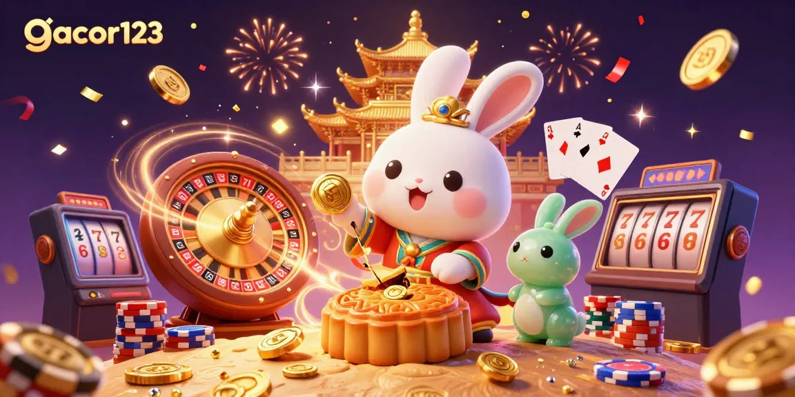Experience winnings at gacor123 with a festive lunar celebration featuring a moon rabbit and casino elements.