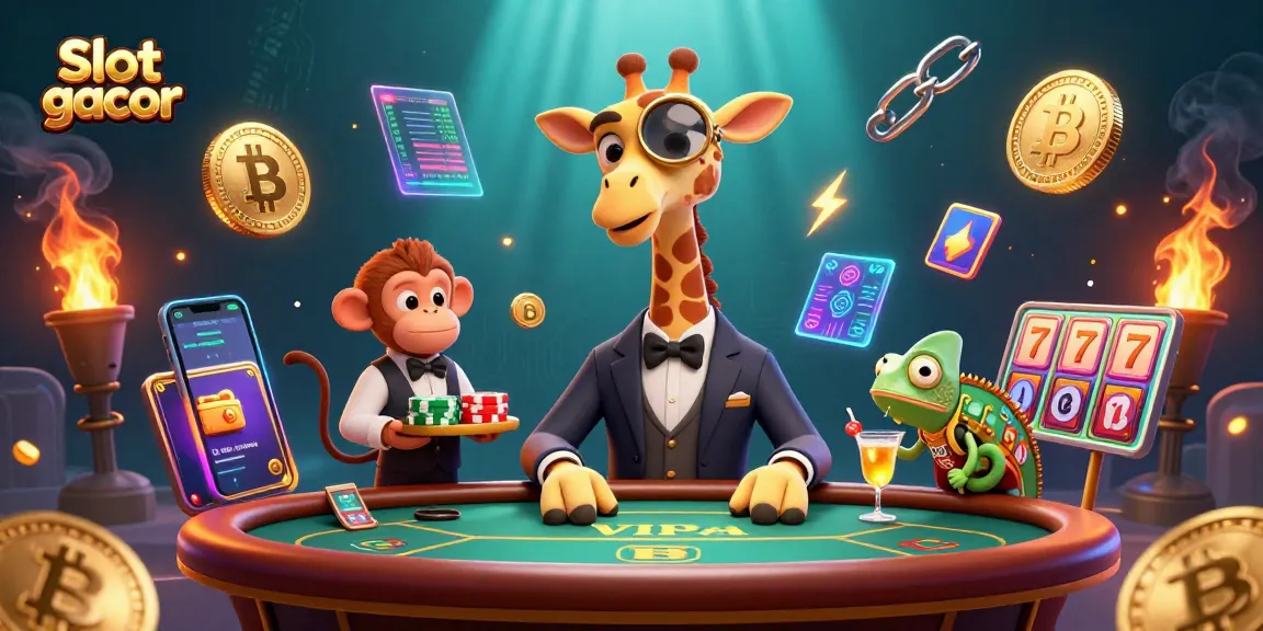 Experience thrilling Slot gacor action with a high-roller giraffe, monkey valet, and chameleon bartender amidst vibrant casino elements.