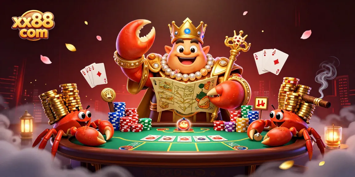 Join the excitement at xx88 com with a vibrant 3D illustration of a grandeur casino scene featuring a golden crab and poker elements.