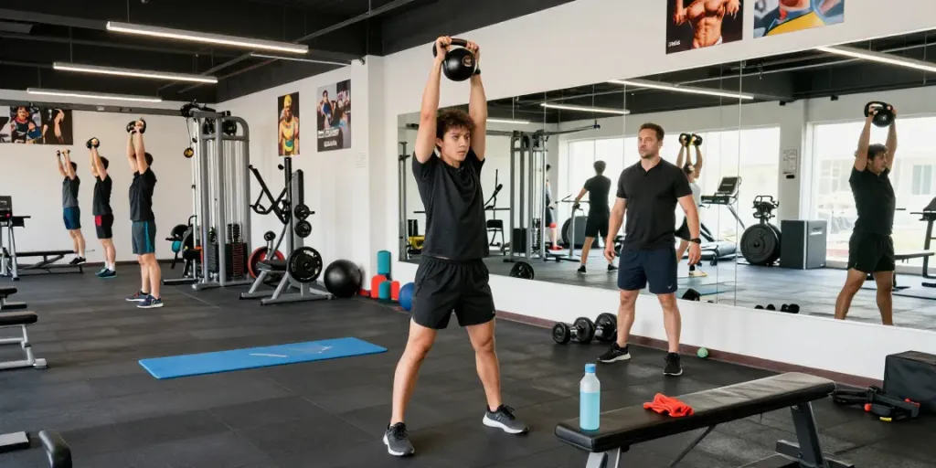 Active individual demonstrating proper kettlebell technique at gym showcasing https://noxpeptides.ca/product/klow/ for workout enhancement.