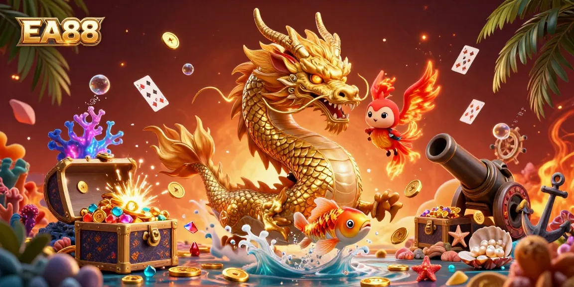 Experience the thrill of EA88, featuring dragons and phoenixes amidst vibrant casino elements.