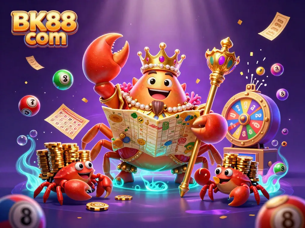 Win with BK88 com's vibrant lottery scene featuring a golden crab and dynamic game elements.
