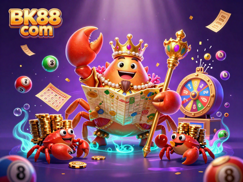 Win with BK88 com's vibrant lottery scene featuring a golden crab and dynamic game elements.