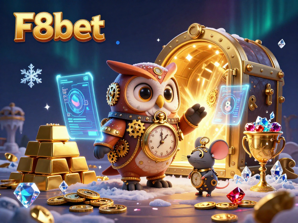 Engage with F8bet's vibrant 3D casino experience featuring dynamic characters and treasures.