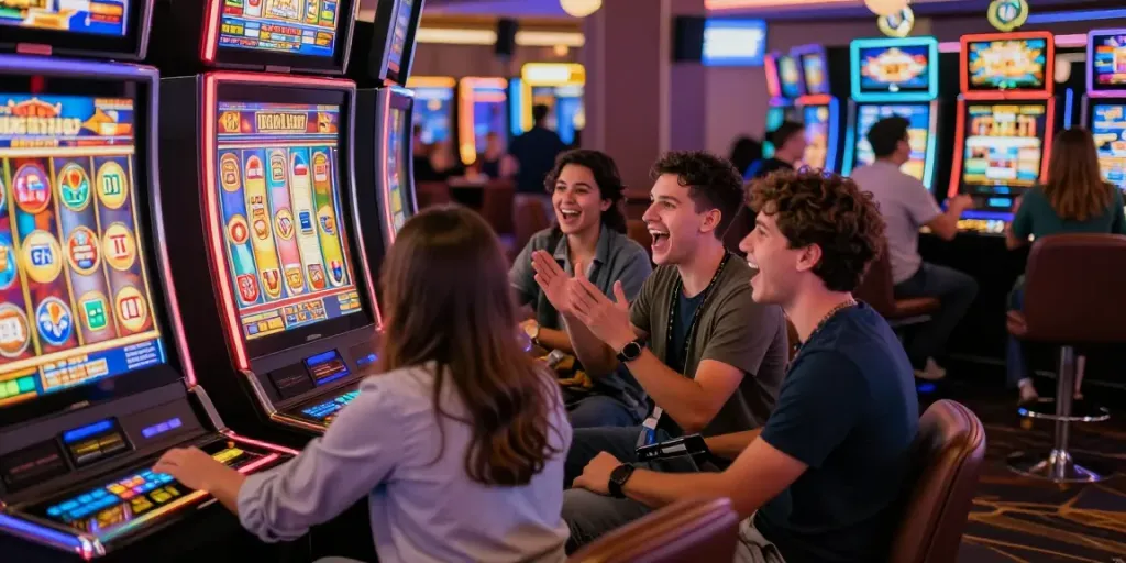Players engaging with slot88 machine in a lively casino atmosphere