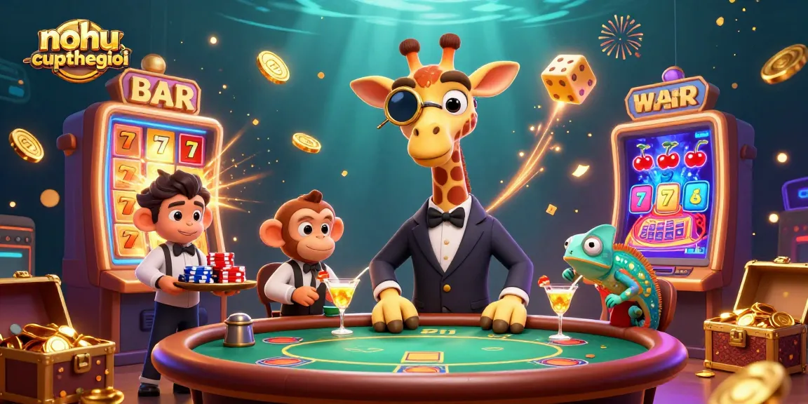 Nohu-cupthegioi showcases a vibrant casino scene with a high-roller giraffe and dynamic gaming elements.
