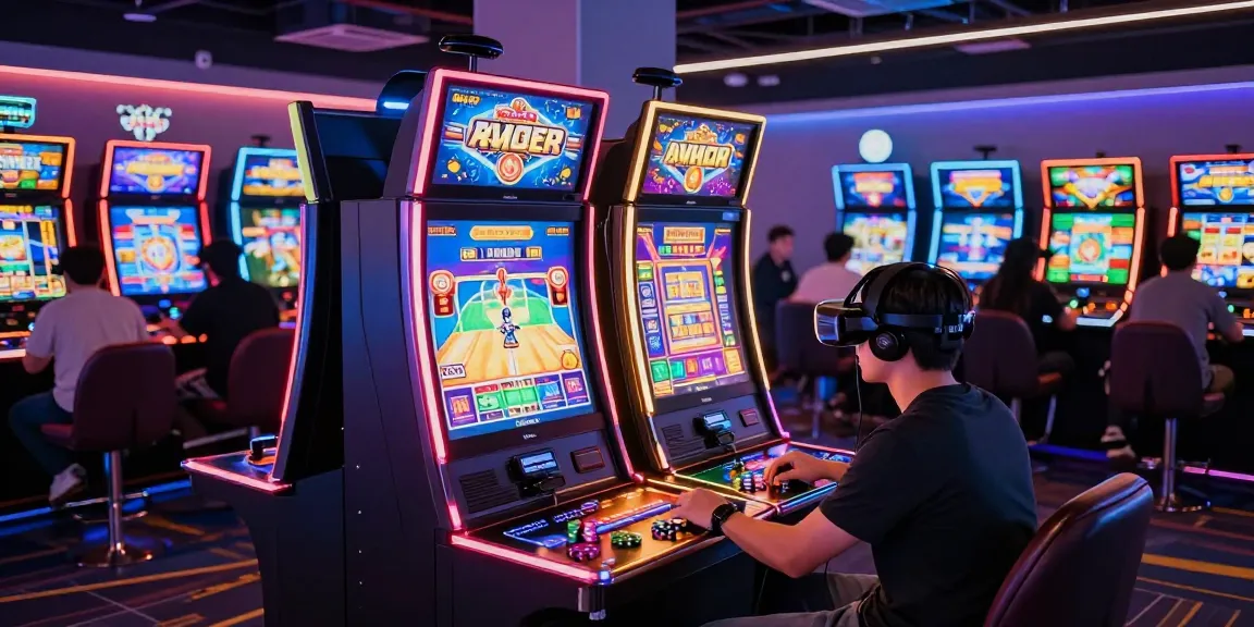 An engaging scene of diverse players enjoying slot terpercaya games in a vibrant virtual gaming lounge.