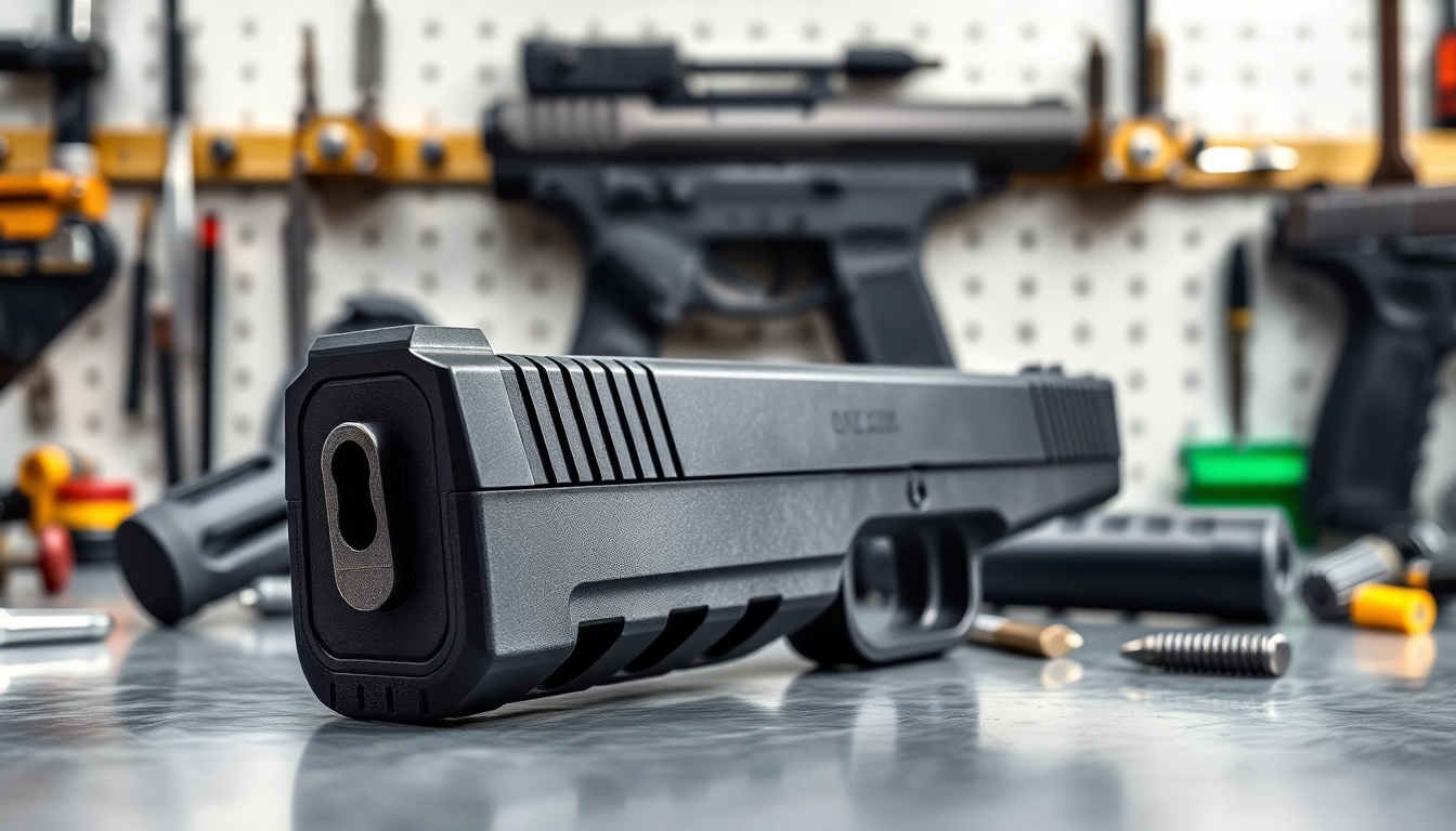 Inspect Glock 23 slides showing detailed design and craftsmanship in a workshop setting.