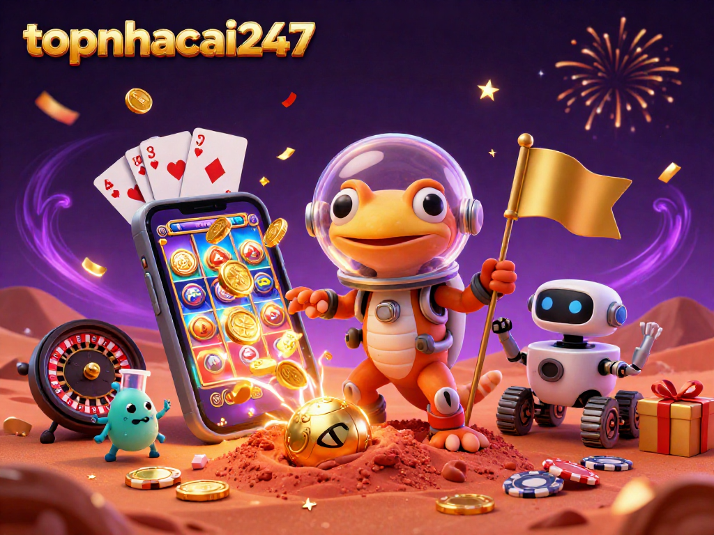 topnhacai247 showcases an immersive 3D digital illustration of a Martian gecko discovering a golden casino.