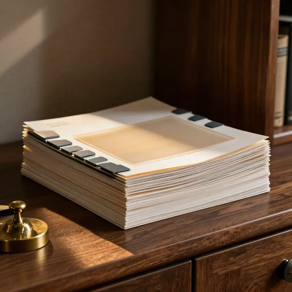Closed brand audit folios with acetate overlays and slate tabs on a warm studio shelf.