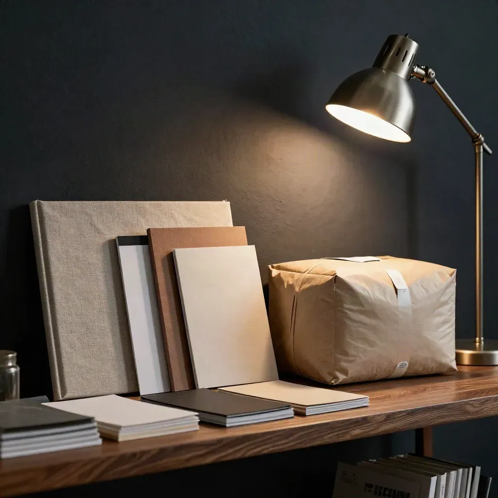 Moody shelf with mockup books, swatches, a sealed prototype package, and a lit task lamp.