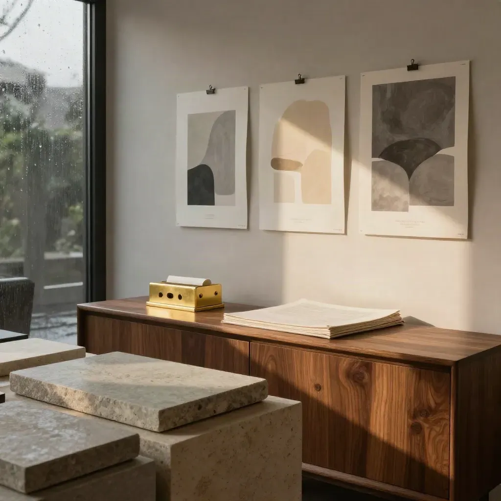 Moody brand strategy studio corner with stone samples, walnut credenza, linen folio and brass paperweight